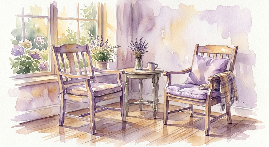 Watercolor illustration of two chairs in a sunlit hypnotherapy room in Laren near Amsterdam
