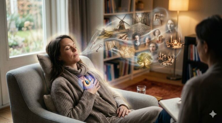 A quiet moment during past life regression in a QHHT session near Amsterdam