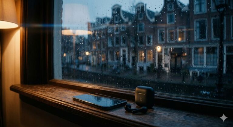 Cinematic still of earbuds by a rainy window, reflecting on a QHHT session recording in Amsterdam