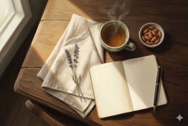 A quiet morning table with tea and notebook prepared for a QHHT session in Laren near Amsterdam