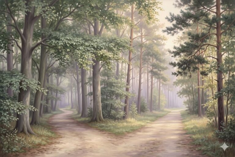 A gentle forest path dividing in two representing the choice between QHHT and classical hypnotherapy