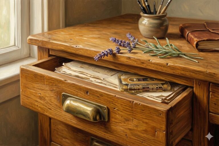 An old wooden desk drawer holding private papers suggesting Dolores Cannon's quieter session archive