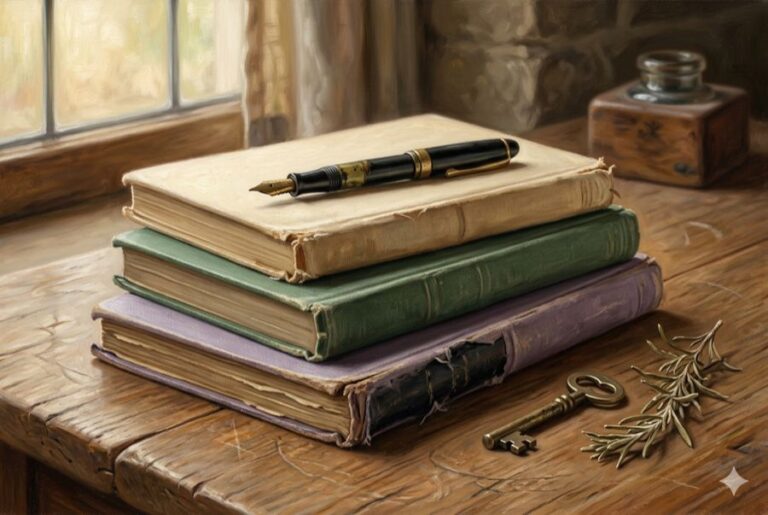 Three stacked cloth-bound notebooks representing the three-part structure of the QHHT method Dolores Cannon shaped