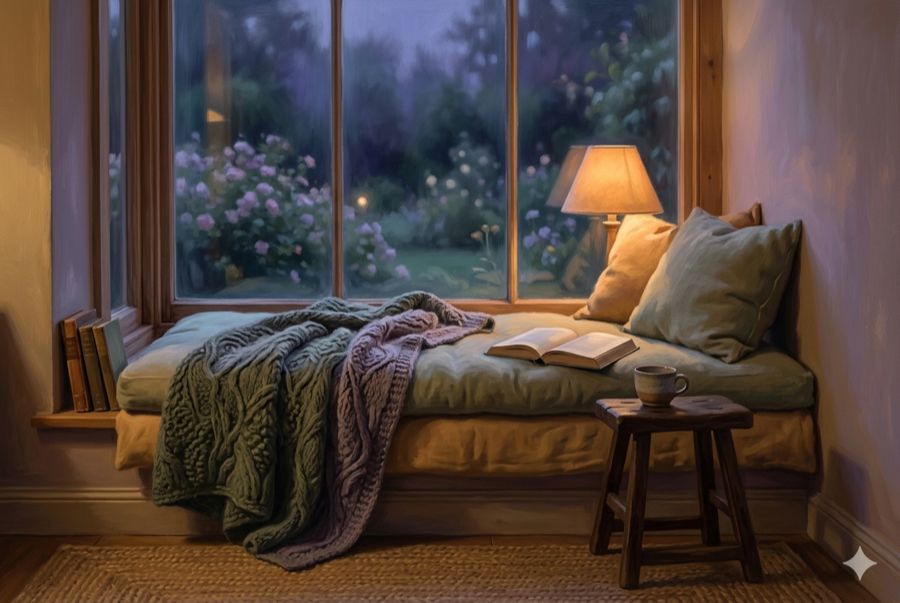 A softly lit window seat at dusk in preparation for a QHHT session the following morning in Laren