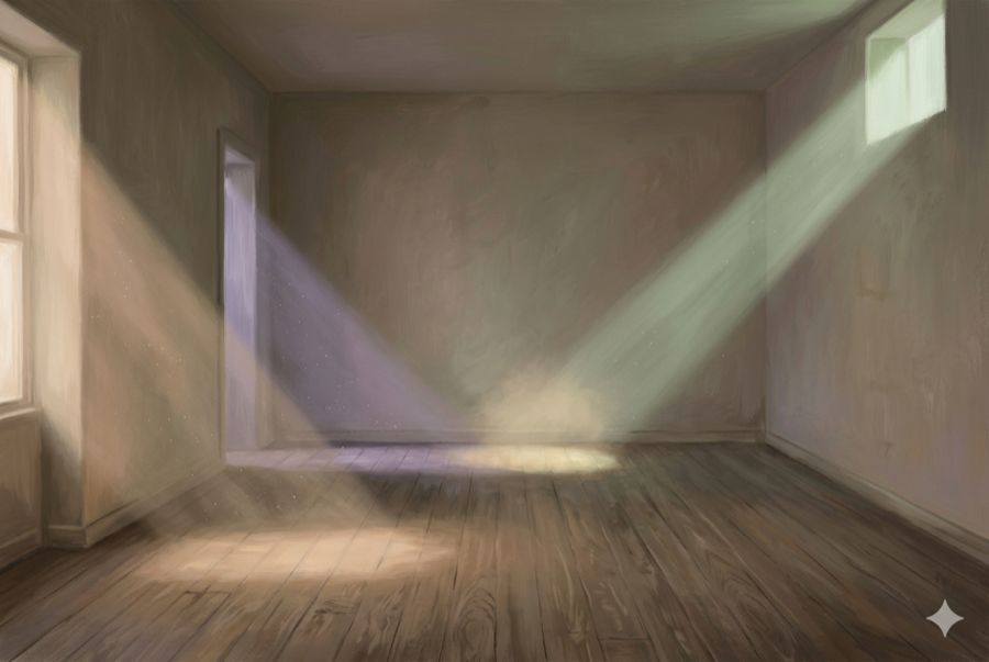 Varied beams of light entering a quiet room representing different arrivals of the Higher Self in QHHT