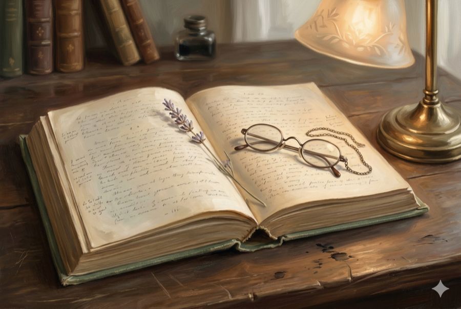 An old book with handwritten margin notes lit by lamplight evoking Dolores Cannon's writings on the Higher Self