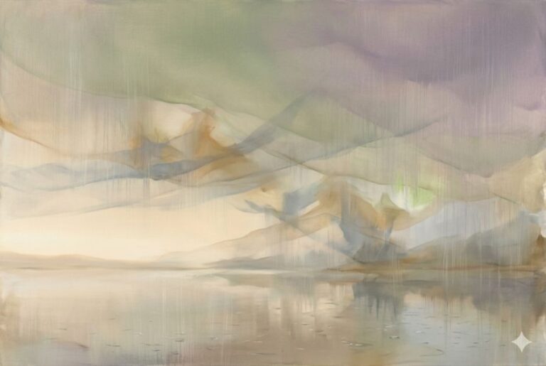 Soft veils of translucent pigment drifting across a pale horizon evoking memory in a hypnotherapy trance state