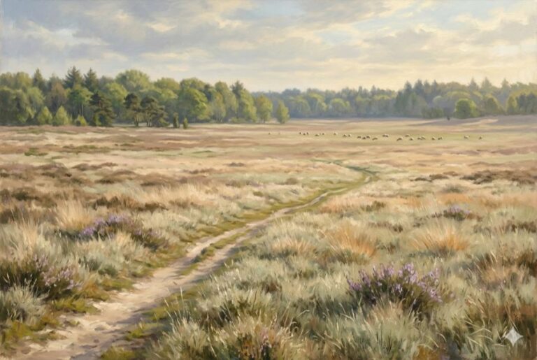A painterly afternoon view of the Het Gooi heathland around a hypnotherapy practice in Laren