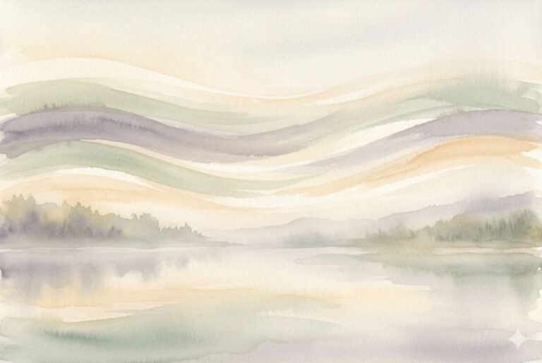 Soft breath-like waves across a misty landscape evoking deep relaxation in hypnotherapy
