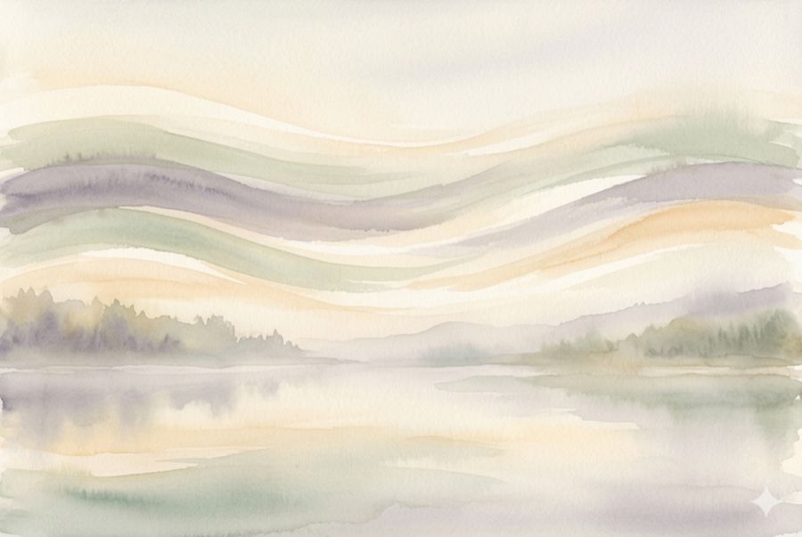Soft breath-like waves across a misty landscape evoking deep relaxation in hypnotherapy