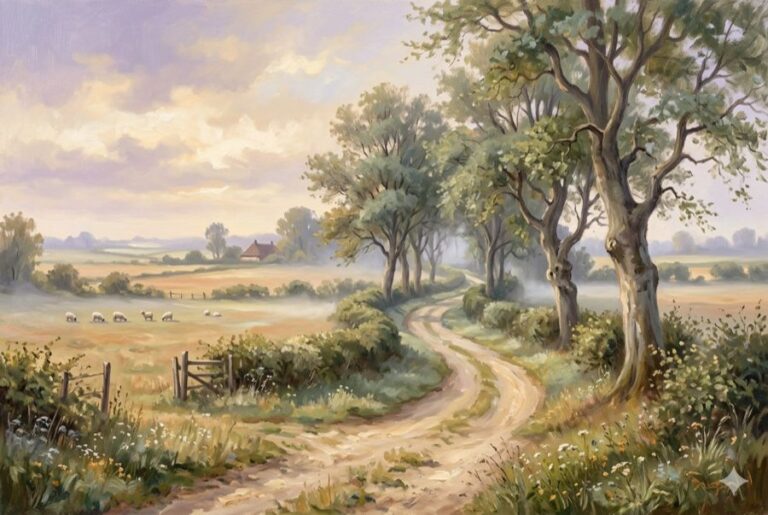 A quiet country road winding through Dutch countryside toward Laren for a QHHT session