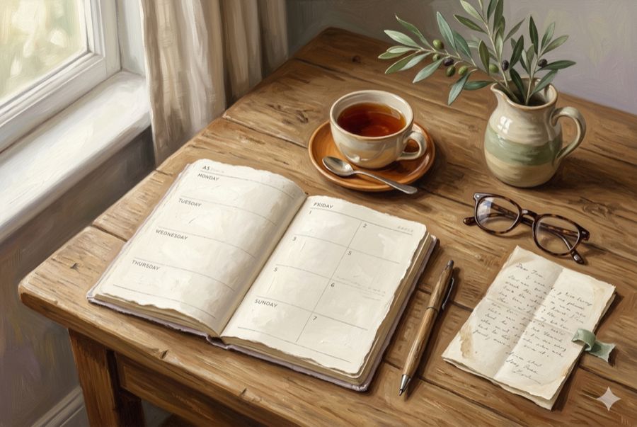 A calm planner and cup of tea for the week-long preparation before a QHHT session near Amsterdam